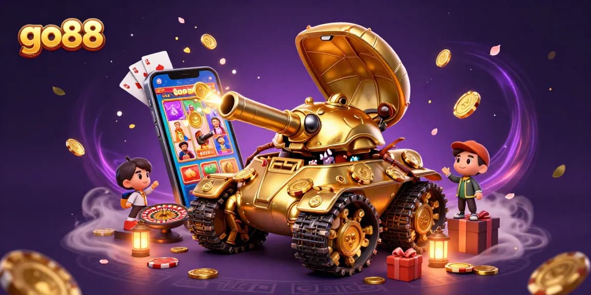 Experience excitement with go88's vibrant casino-themed 3D illustration featuring a golden tank and dynamic gaming elements.