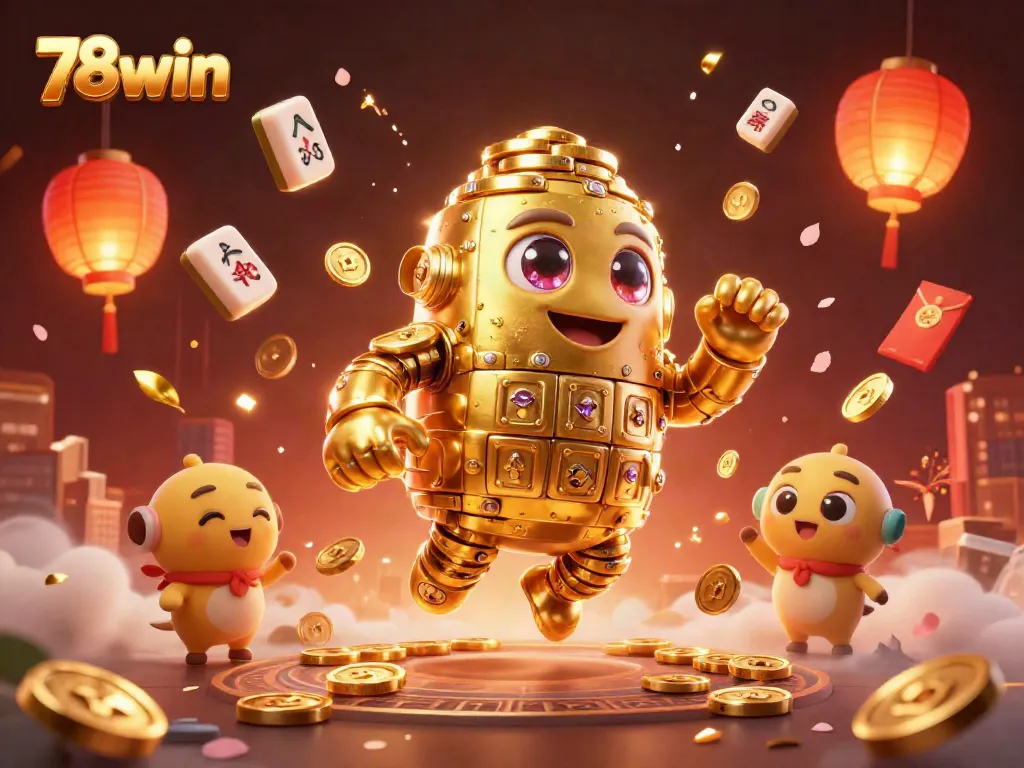 Experience thrilling gaming with 78win's vibrant golden golem surrounded by casino elements and festive motifs.