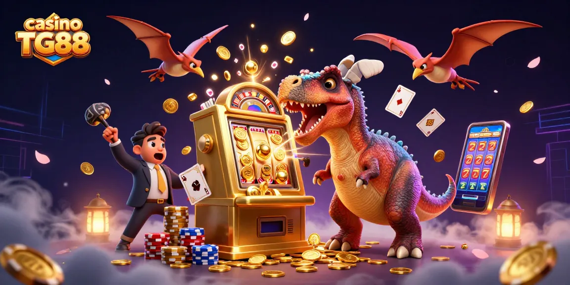 Win big at casino TG88 as a pachycephalosaurus celebrates a jackpot and coins fly