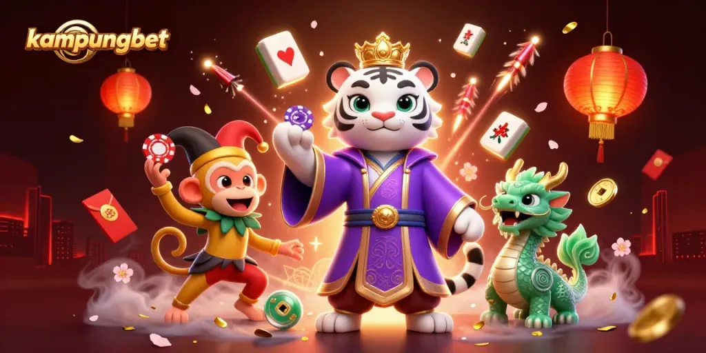 Kampungbet's vibrant illustration showcases a white tiger in royal attire with a jester monkey, setting the stage for thrilling gaming adventures.