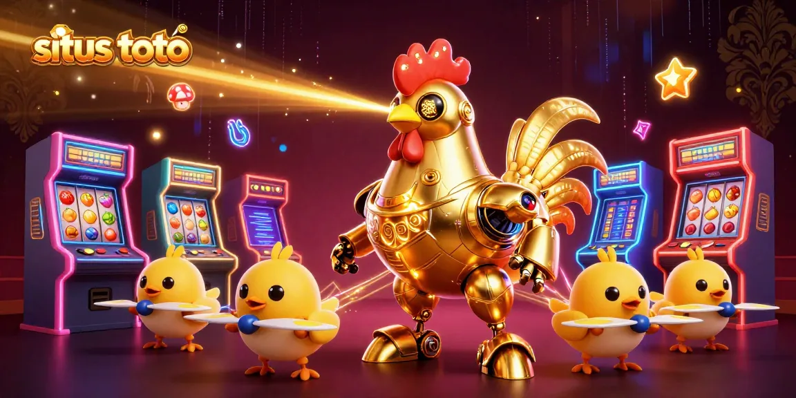 Engage with situs toto in a vibrant 3D casino scene filled with golden rooster robots and arcade elements.