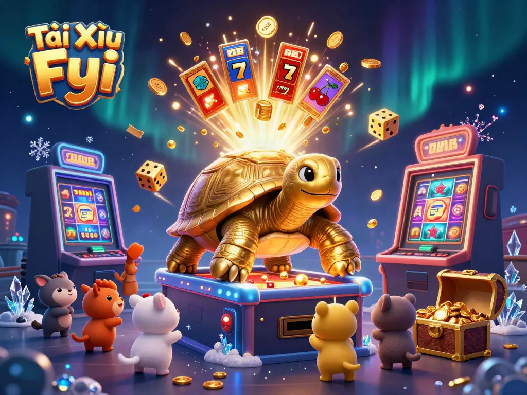 Tài Xỉu Fyi features a golden tortoise pinball machine bringing joy to small animals in a vibrant casino scene.