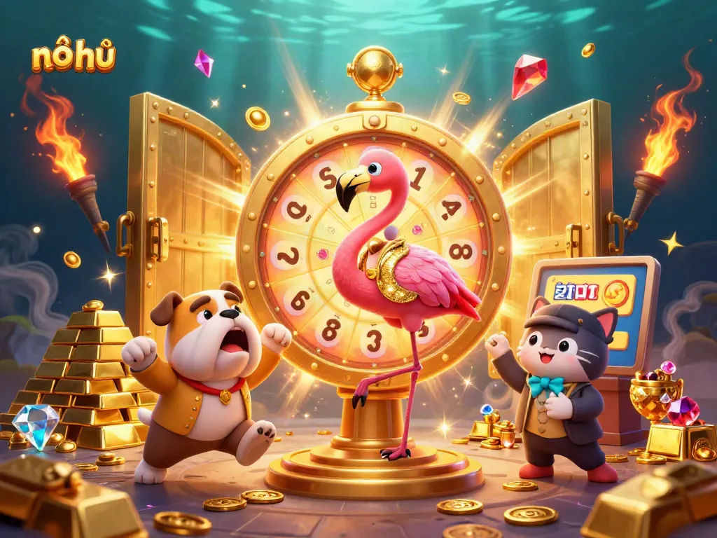 Spin to win with nổ hũ in a vibrant 3D cartoon casino scene filled with riches.