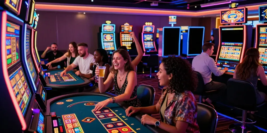 Ruang permainan kasino betslots88 yang penuh semangat dengan pemain merayakan kemenangan.