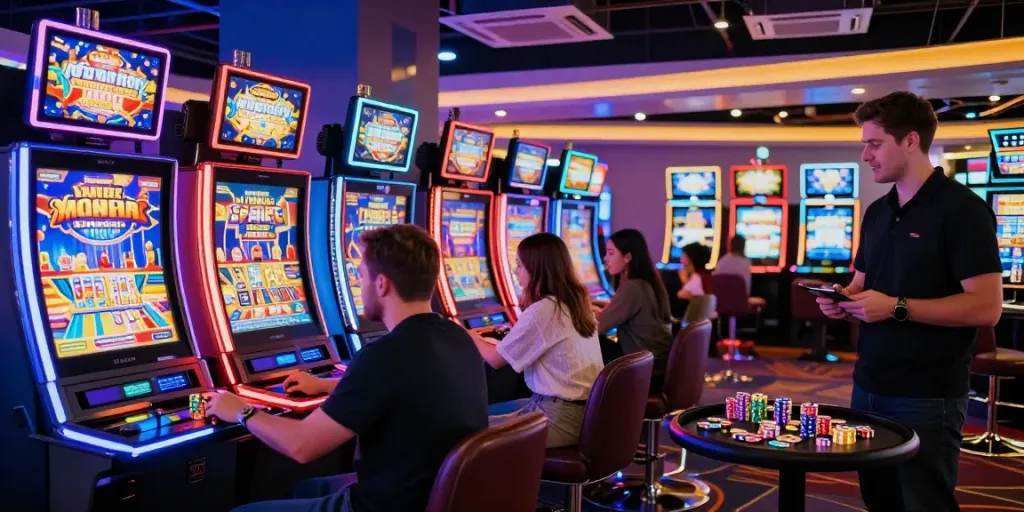 Pengunjung menikmati permainan pecah25 slot di kasino yang cerah dan meriah.