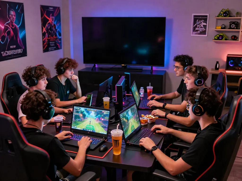 Friends enjoying an exciting unsurtoto gaming session in a vibrant lounge.