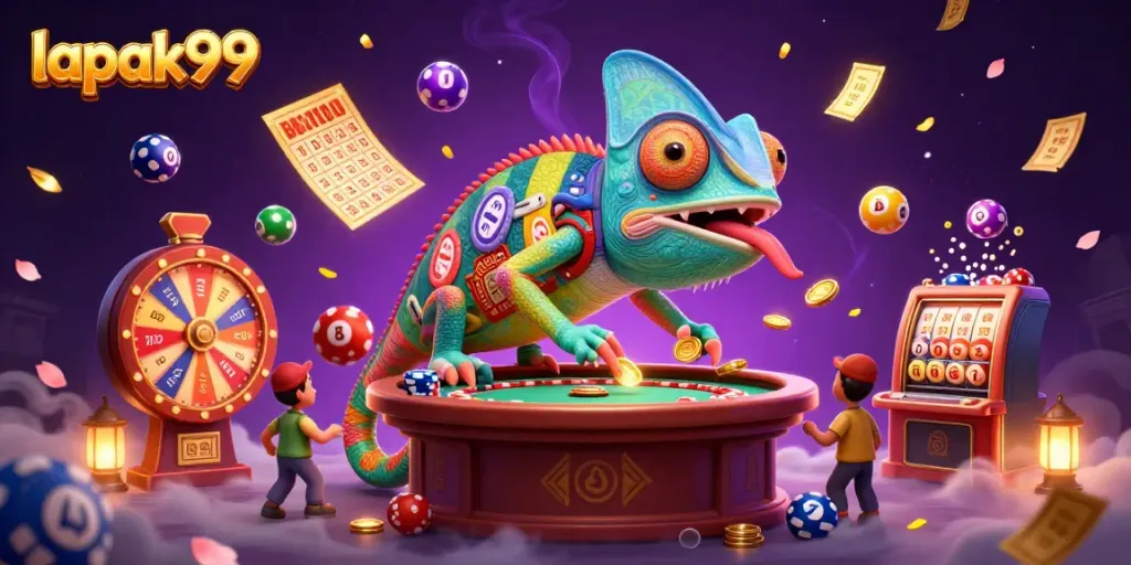 Experience the thrilling world of gambling with lapak99 featuring vibrant casino elements and energetic characters.