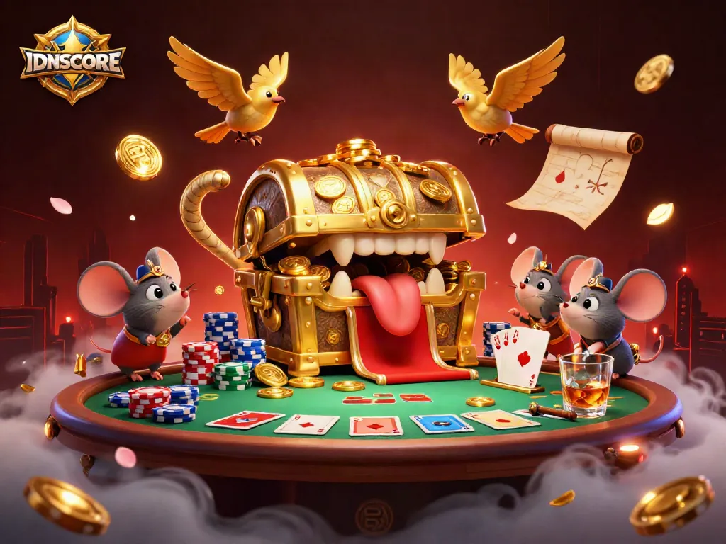 Experience thrills while playing at IDNSCORE with captivating gaming scenes featuring treasure and poker action.