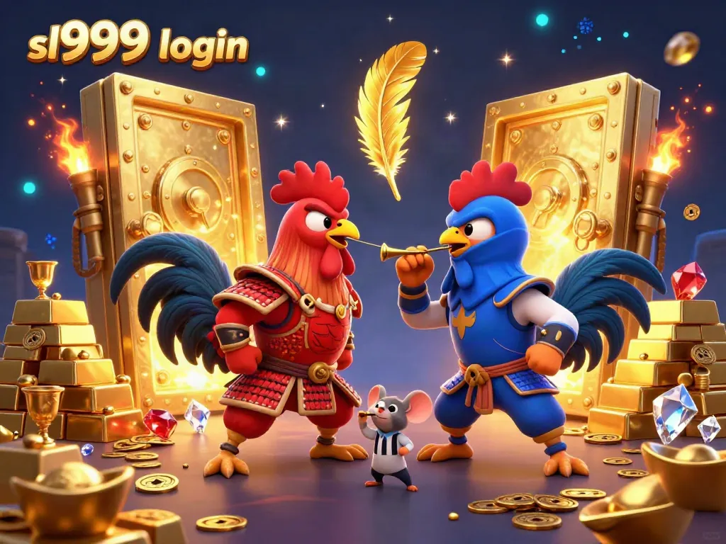 Engage with sl999 login in a vibrant casino showdown featuring dynamic cartoon roosters amid gold treasures.