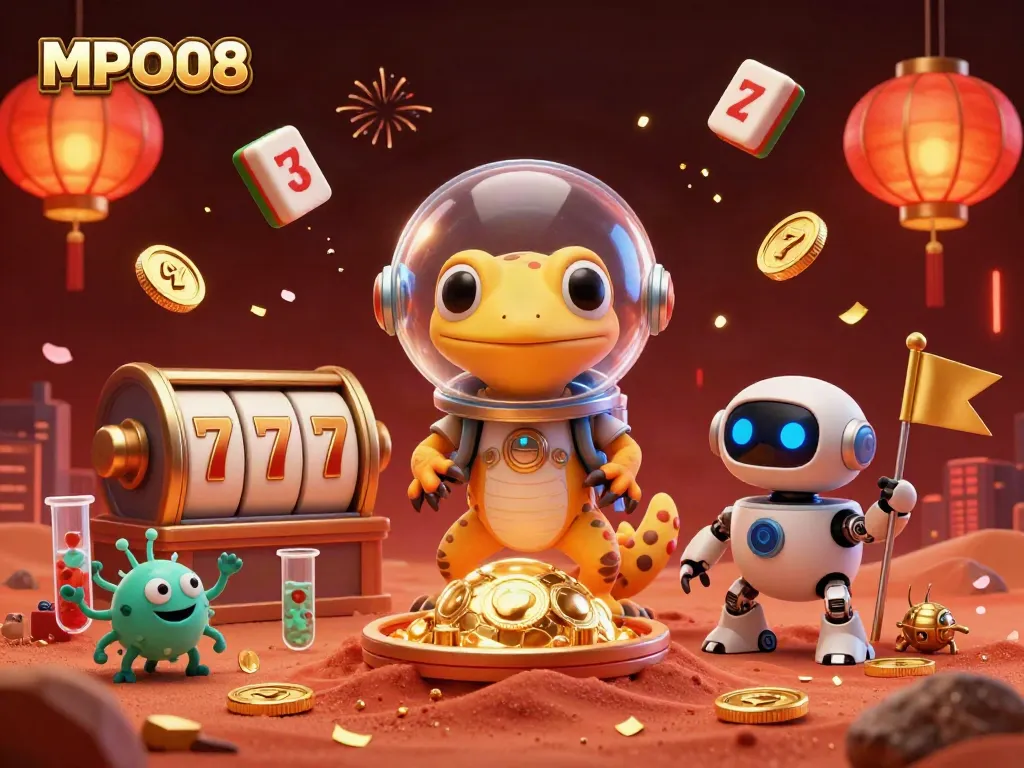 MPO08's alien gecko exploring a golden casino on Mars amidst vibrant game elements.
