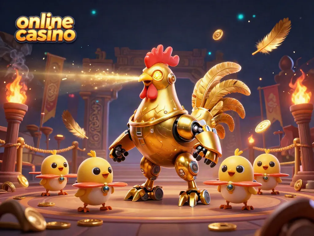 Winning big at an online casino with a futuristic golden rooster robot and baby chick drones