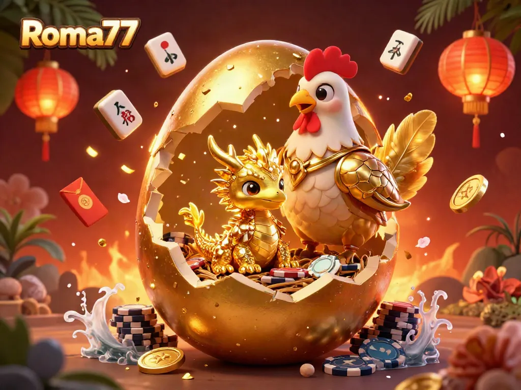 Experience the excitement of Roma77 with a golden dragon amidst poker chips in a vibrant casino scene.