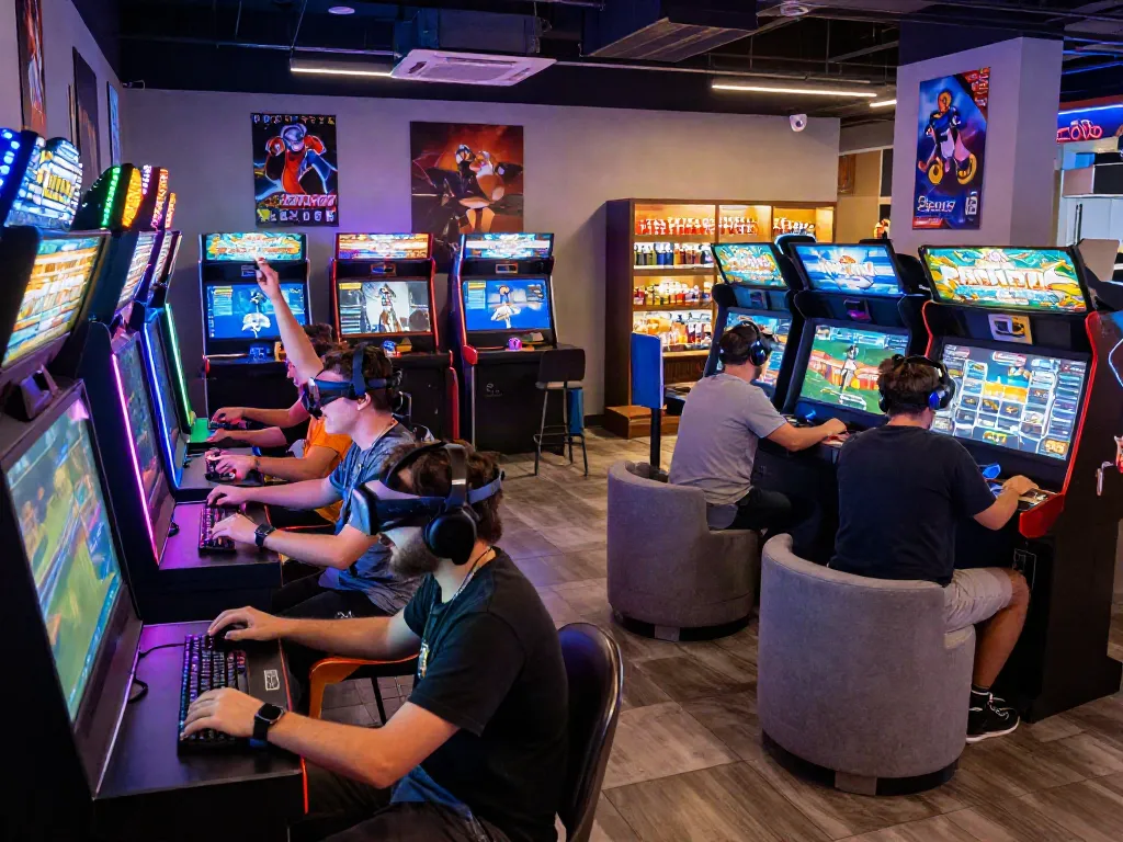 Suasana arcade gaming diana4d yang penuh energi dengan pemain bersemangat.