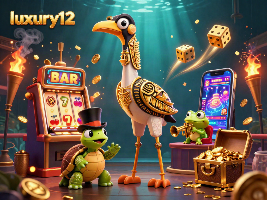 Lucky luxury12 casino scene featuring a colorful jackpot celebration with animated characters and gaming elements.