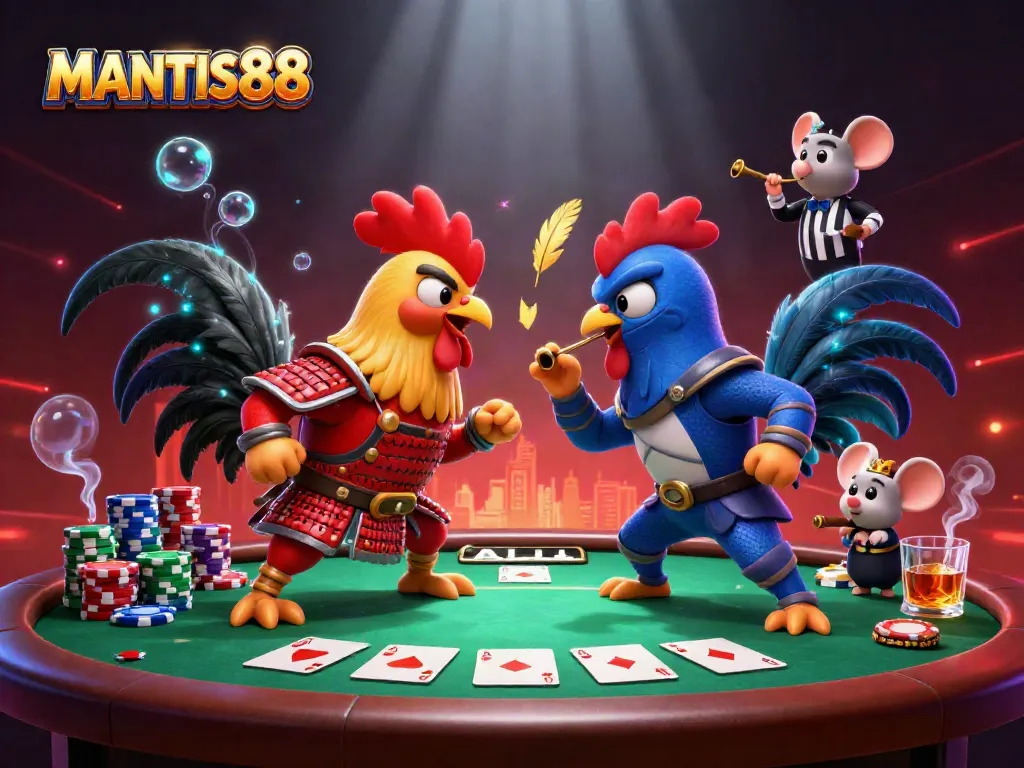 MANTIS88 brings excitement with a showdown between two roosters, vibrant casino elements all around.