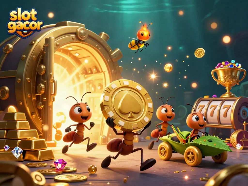 Experience the excitement of slot gacor with cartoon ants on a heist carrying giant poker chips amidst sparkling treasures.