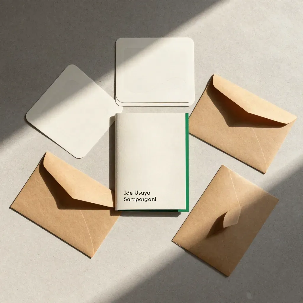 Flatlay kit ide usaha sampingan dengan buku kecil, kartu sampel, dan amplop kraft di atas slab terang.