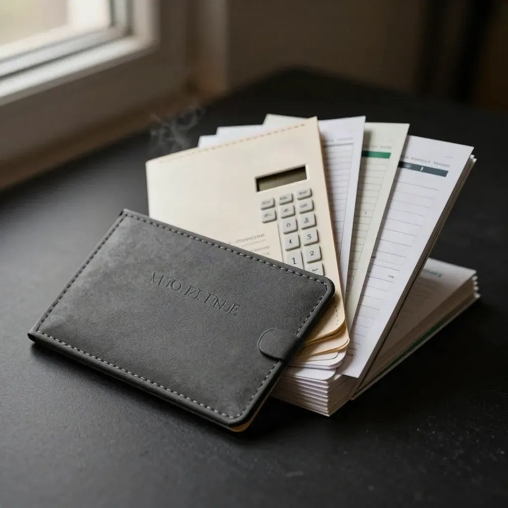 Paket belajar finansial premium terbuka di permukaan hitam dengan cahaya dramatis dan aksen emerald.