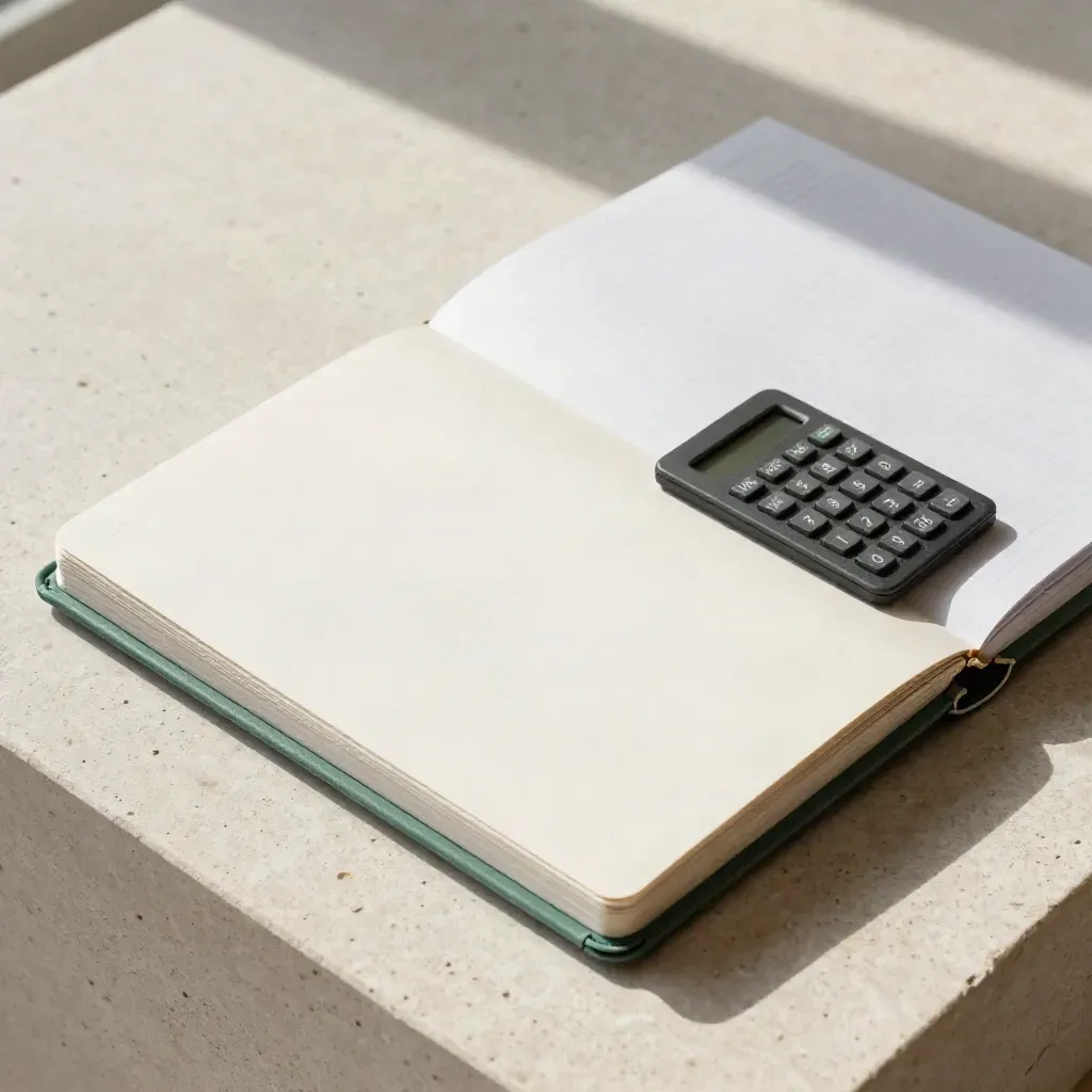 Flatlay overhead paket workbook arus kas, kalkulator kecil, dan lembar lipat di atas batu.