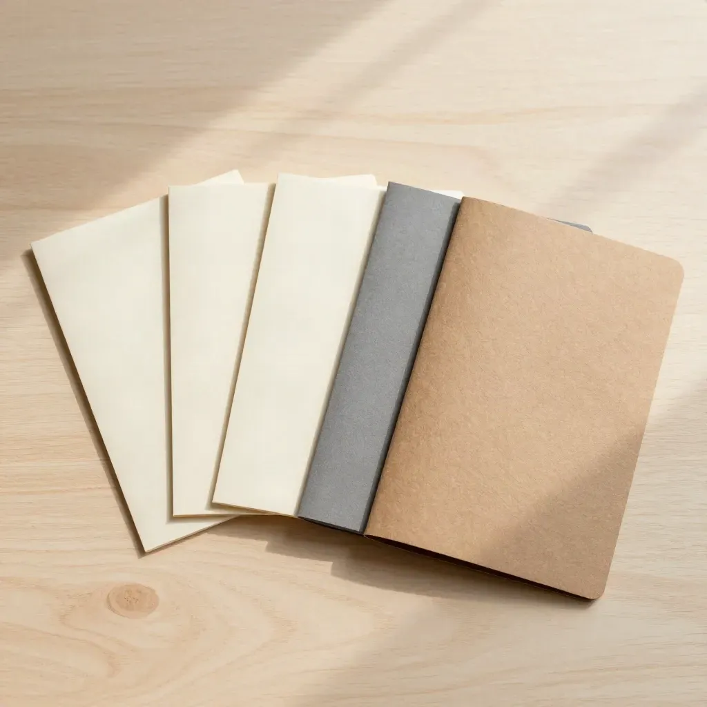 Flatlay buku panduan usaha sampingan, empat kartu ide, dan sleeve kraft di atas kayu pucat.