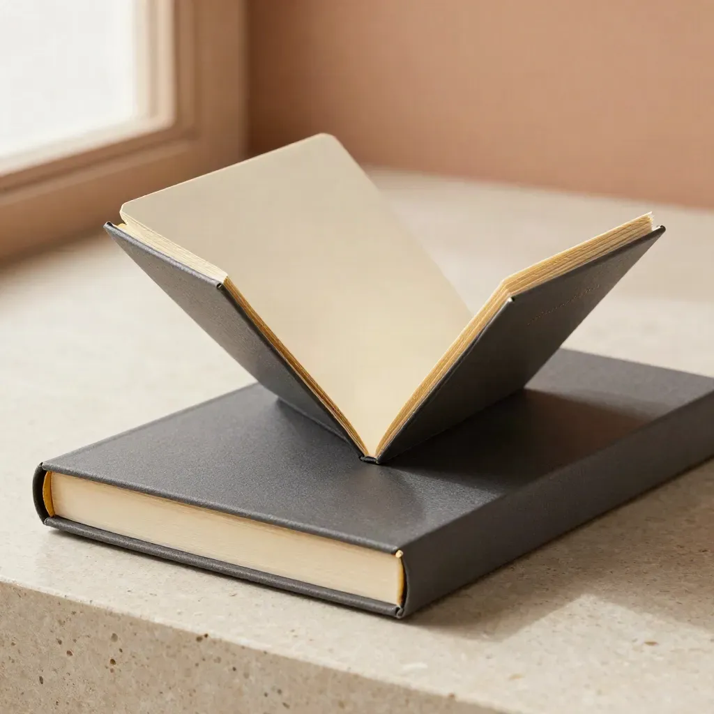 Kotak notebook premium terbuka dengan dua sisipan di atas permukaan batu hangat.
