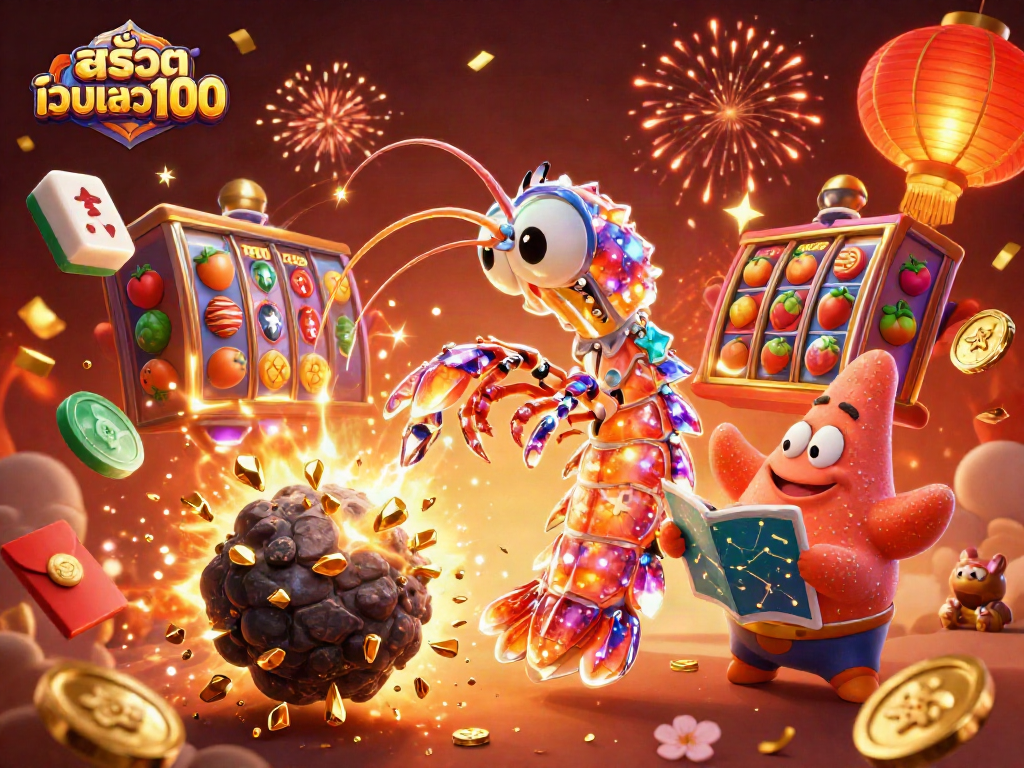 Winning spins with สล็อตเว็บตรง100 in a vibrant 3D casino scene filled with gems and symbols.