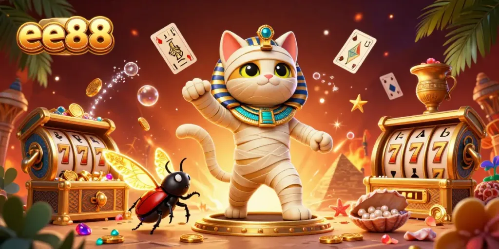 Engage with thrilling casino adventures at ee88, featuring an Egyptian mummy cat and scarab companion.