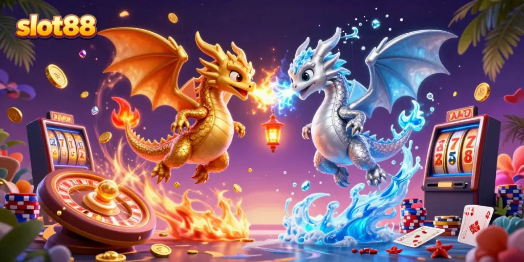Play exciting slot88 games with gold and silver dragons amidst dazzling casino elements.