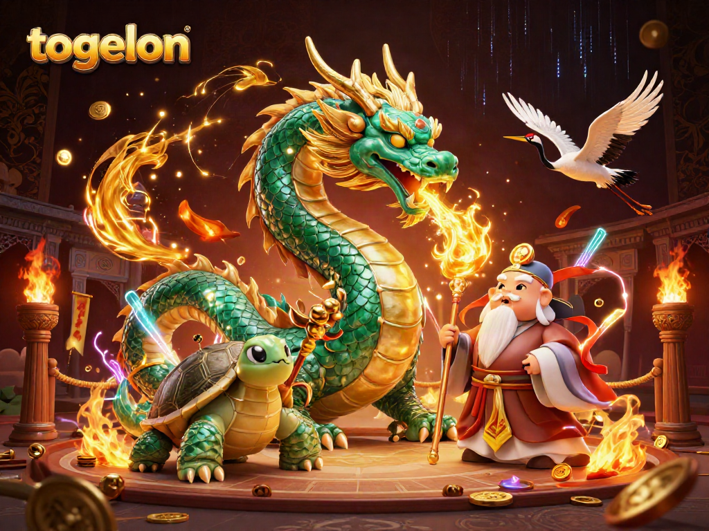 Engage with togelon-themed action featuring a jade dragon and lucky cranes in a vibrant digital casino.