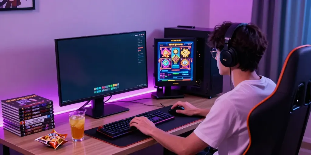 Pemain yang fokus memainkan permainan slot gacor di meja modern dengan aksesori gaming yang menarik.