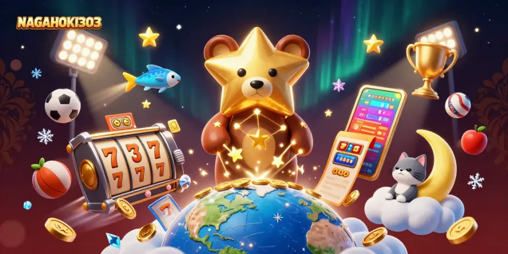 NAGAHOKI303 showcases dynamic slot games with a starry bear and shooting fish in a vibrant casino scene.