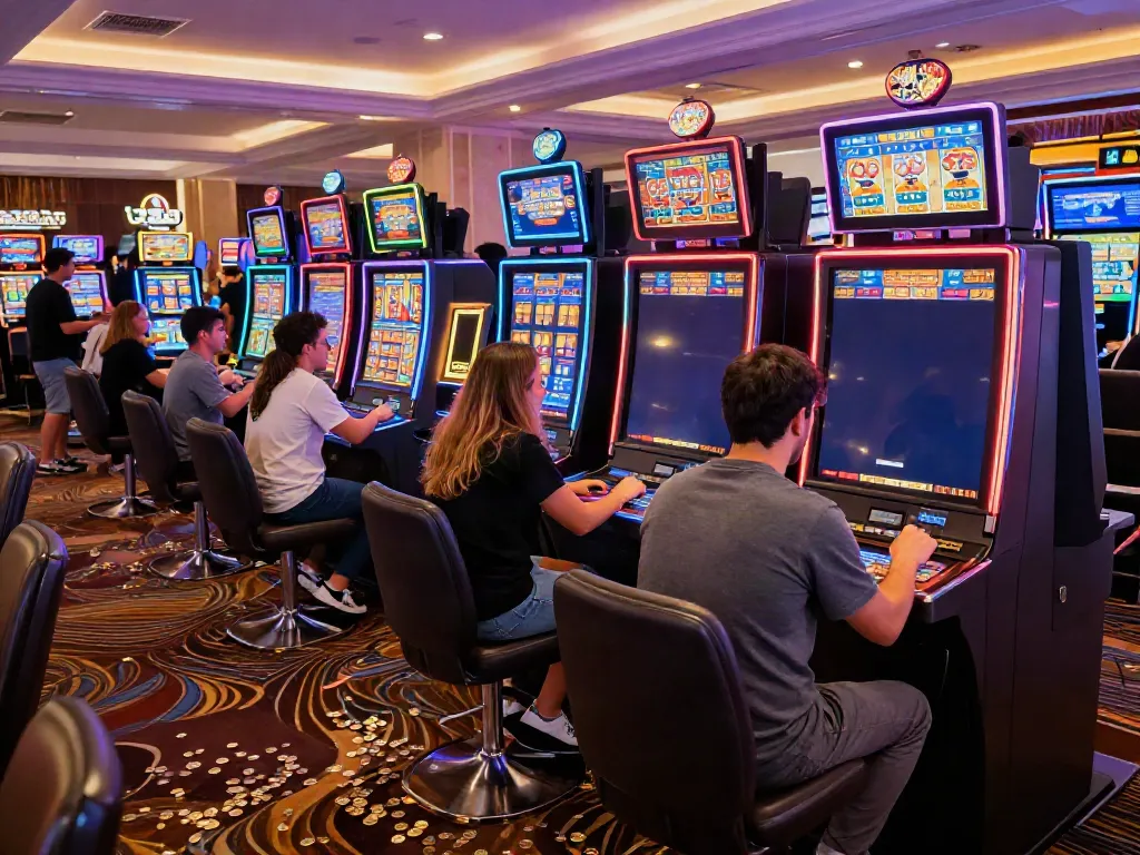Excited players engaging with slot machines in a vibrant casino atmosphere.