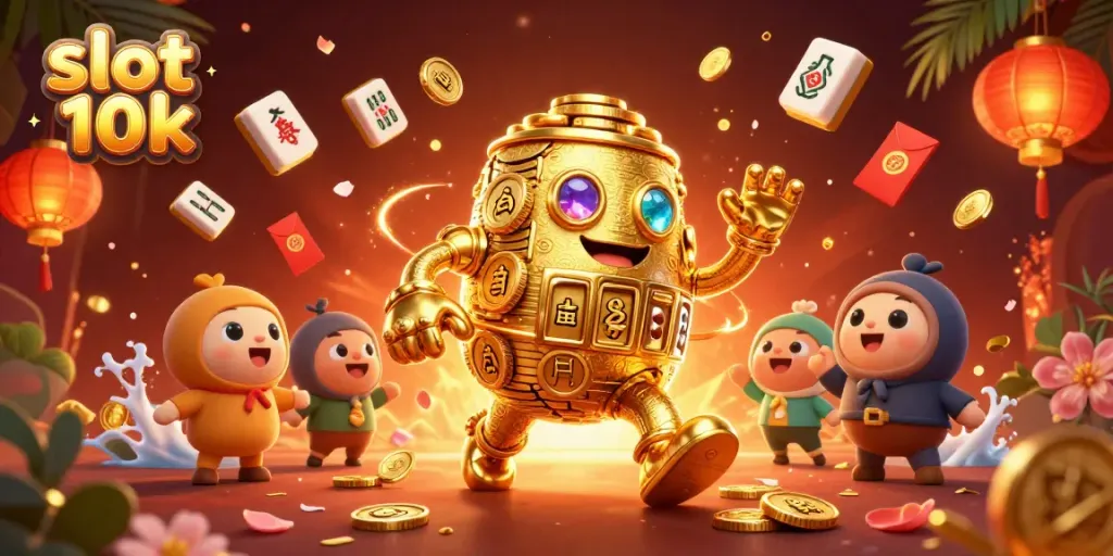 Permainan slot 10k yang mengasyikkan dikelilingi dengan petasan, koin emas, dan lampion yang bercahaya.
