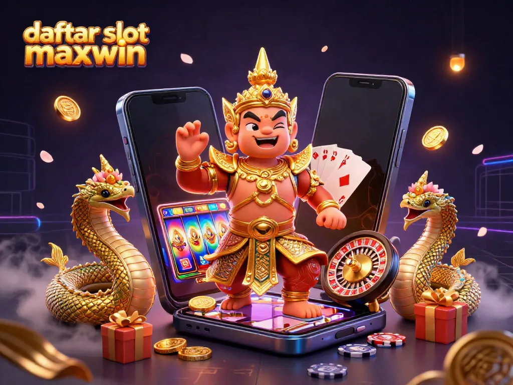 Engage with daftar slot maxwin, featuring a vibrant 3D illustration of a Thai guardian and Naga in a casino-themed scene.