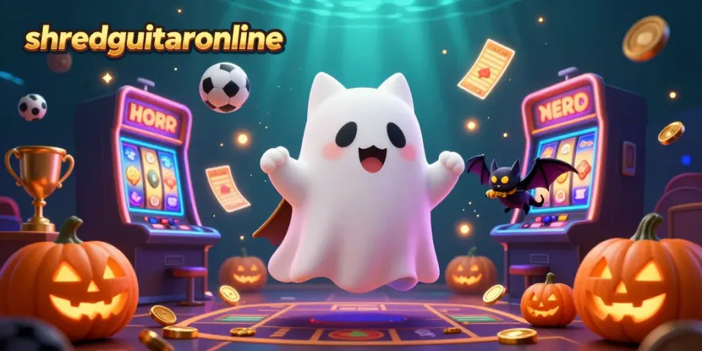 Game with excitement at shredguitaronline, featuring a ghost cat in a vibrant casino.