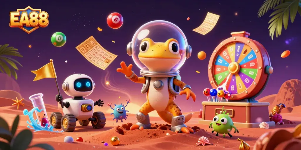 EA88 casino illustration of a Martian gecko discovering treasures with vibrant lottery balls