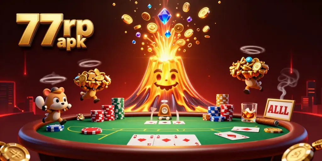 Experience thrilling gameplay in 77rp apk, featuring a majestic golden volcano and rich casino elements.