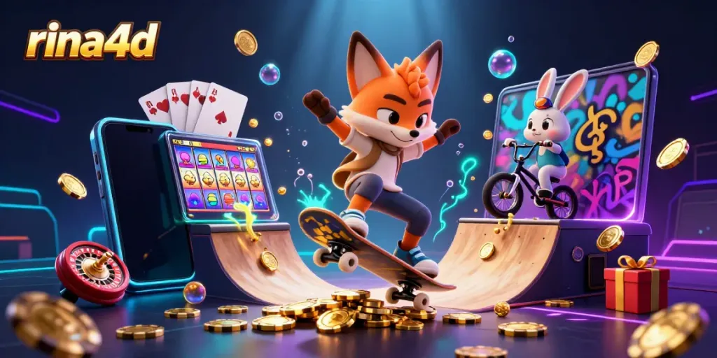 Experience thrilling gameplay action with rina4d as a skateboarder fox and BMX-riding rabbit navigate dynamic casino elements.