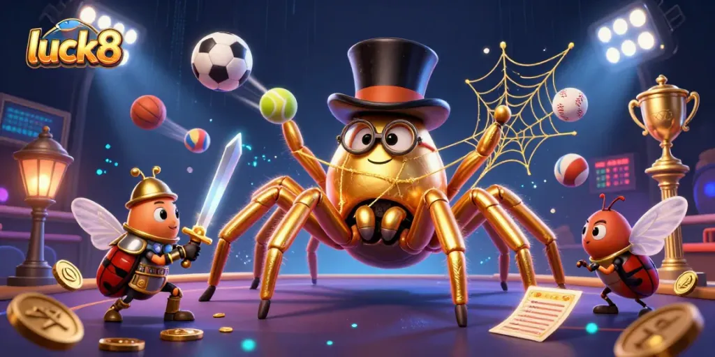 Experience the thrill of luck8 with a giant tarantula and a beetle knight in an energetic casino scene.