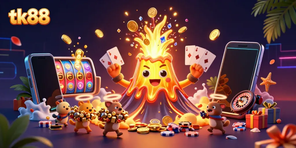 Experience the thrill of tk88 with a golden volcano erupting coins and treasures amidst a vibrant casino scene.