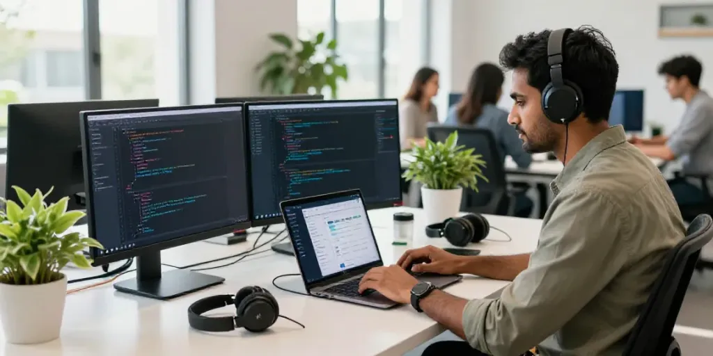 Focused developer using Bento4D alternatif in a bright co-working space with dual monitors.