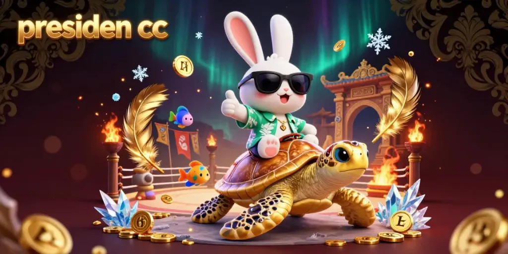 Experience the excitement of presiden cc as a lucky rabbit and golden turtle navigate a vibrant casino adventure.