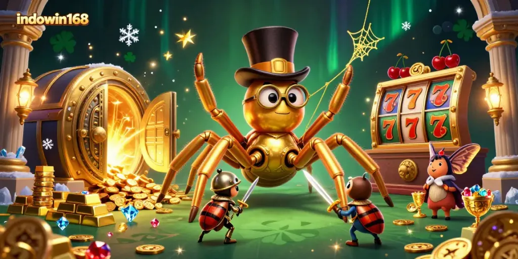 Join the excitement at indowin168 with a golden tarantula and beetle knight in a vibrant casino scene.