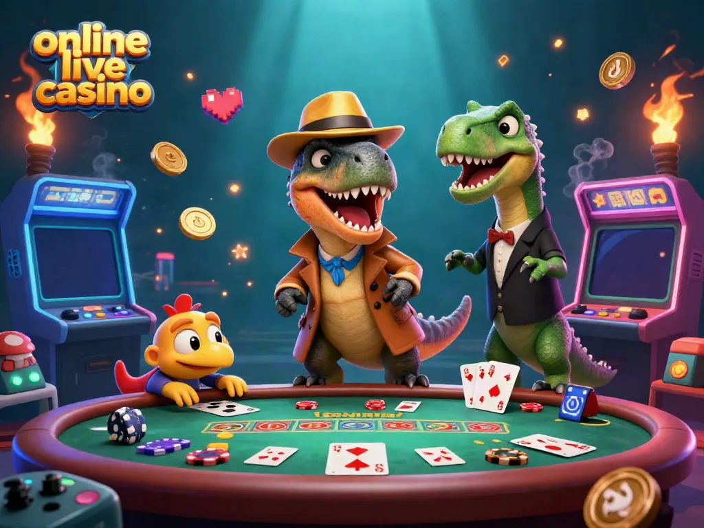 Experience the excitement of online live casino gaming with engaging 3D characters in a vibrant casino setting.