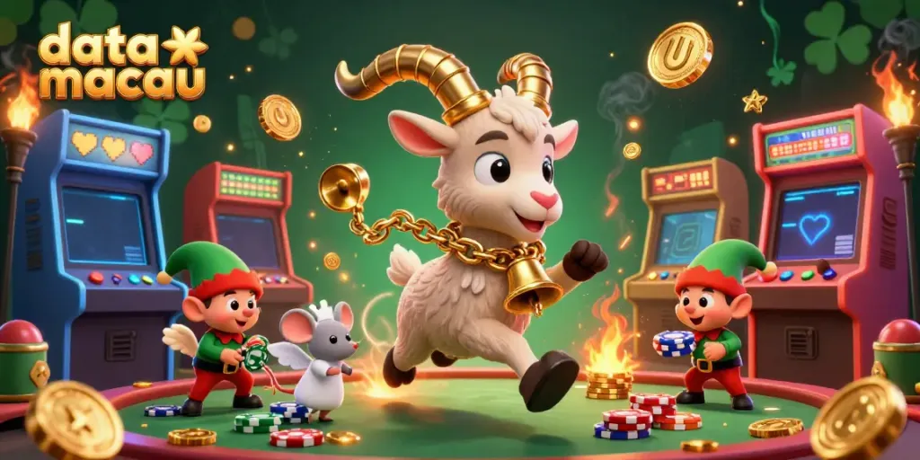 Experience thrilling excitement at the casino with data macau's festive Krampus goat amid lively 3D game elements.