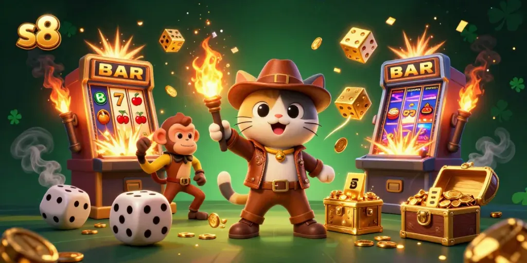 Engage with s8 by exploring vibrant casino games with a cartoon archaeologist cat in an exciting scene.