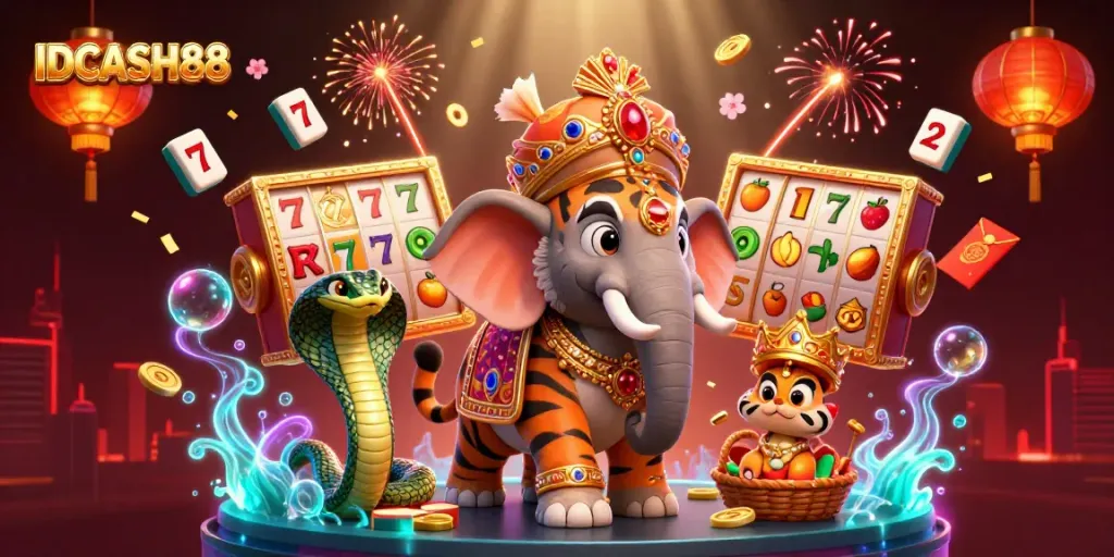 Experience the excitement of casino games with IDCASH88 through this dynamic 3D illustration featuring iconic symbols and engaging characters.