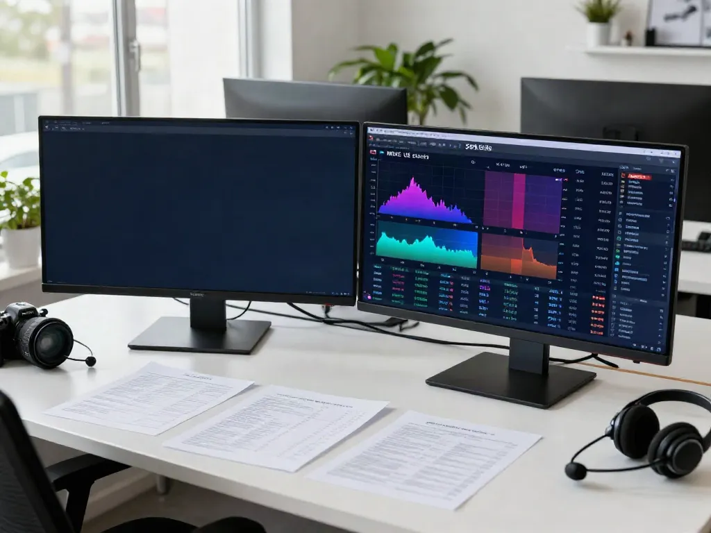 MEXC US Stocks trading workspace with trader analyzing market data and live charts in a modern office.